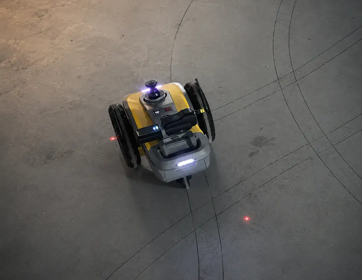Robot traceur jaune imprimant des lignes de repérage sur une dalle de béton