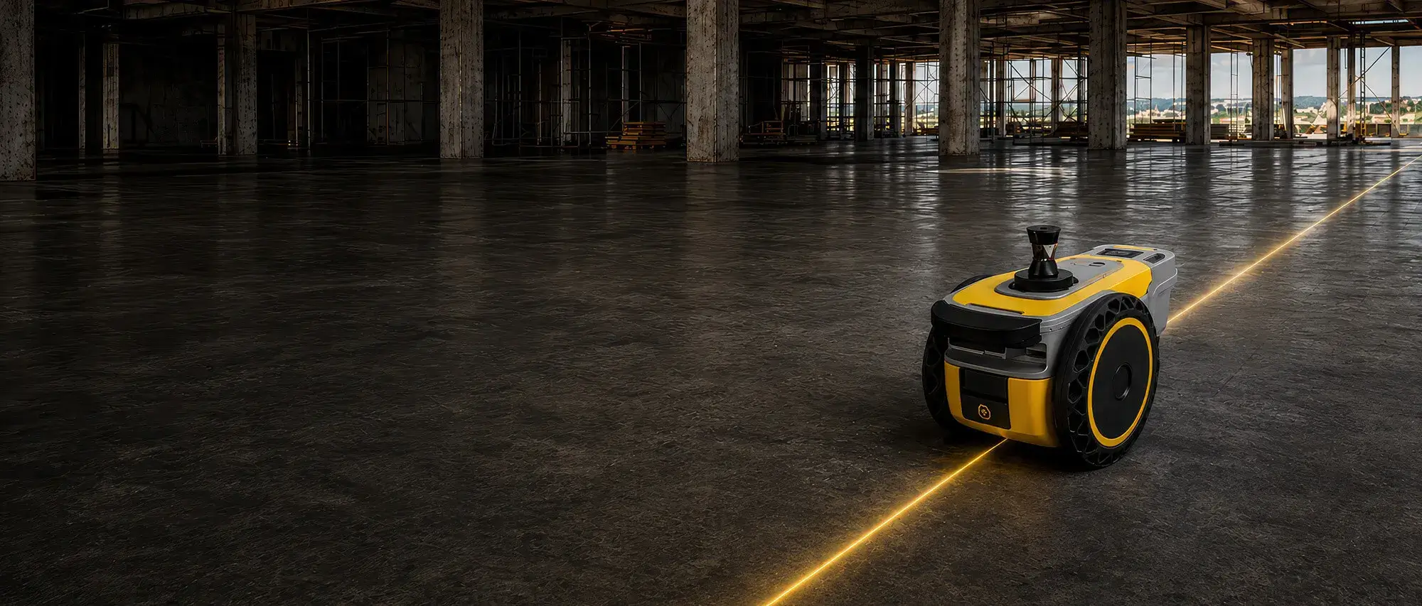 Robot autonome imprimant des plans sur une dalle de béton dans un bâtiment en construction