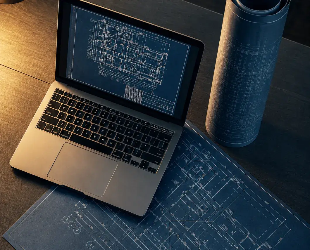 Ordinateur portable affichant des plans techniques et rouleaux de plans sur un bureau