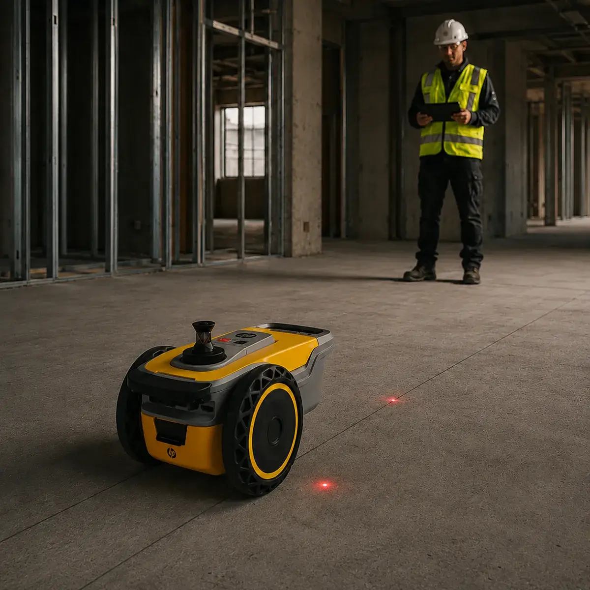 Robot traceur jaune imprimant des repères sur une dalle de béton sous la supervision d'un opérateur