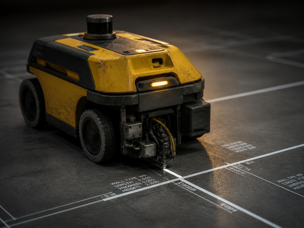 Gros plan de notre robot autonome imprimant des lignes et du texte technique sur une dalle de béton